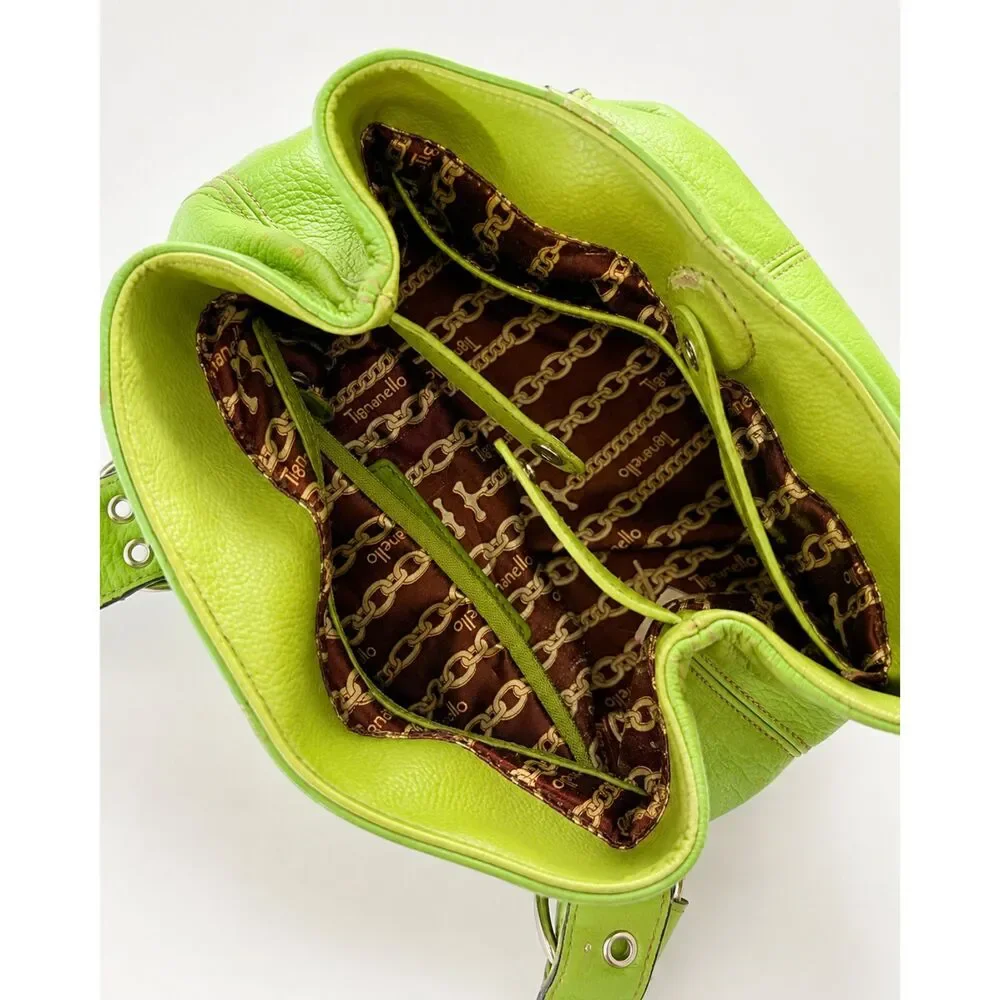 Tignanello Lime Green Leather Shoulder Bag Y2K Buckle Grommet Purse